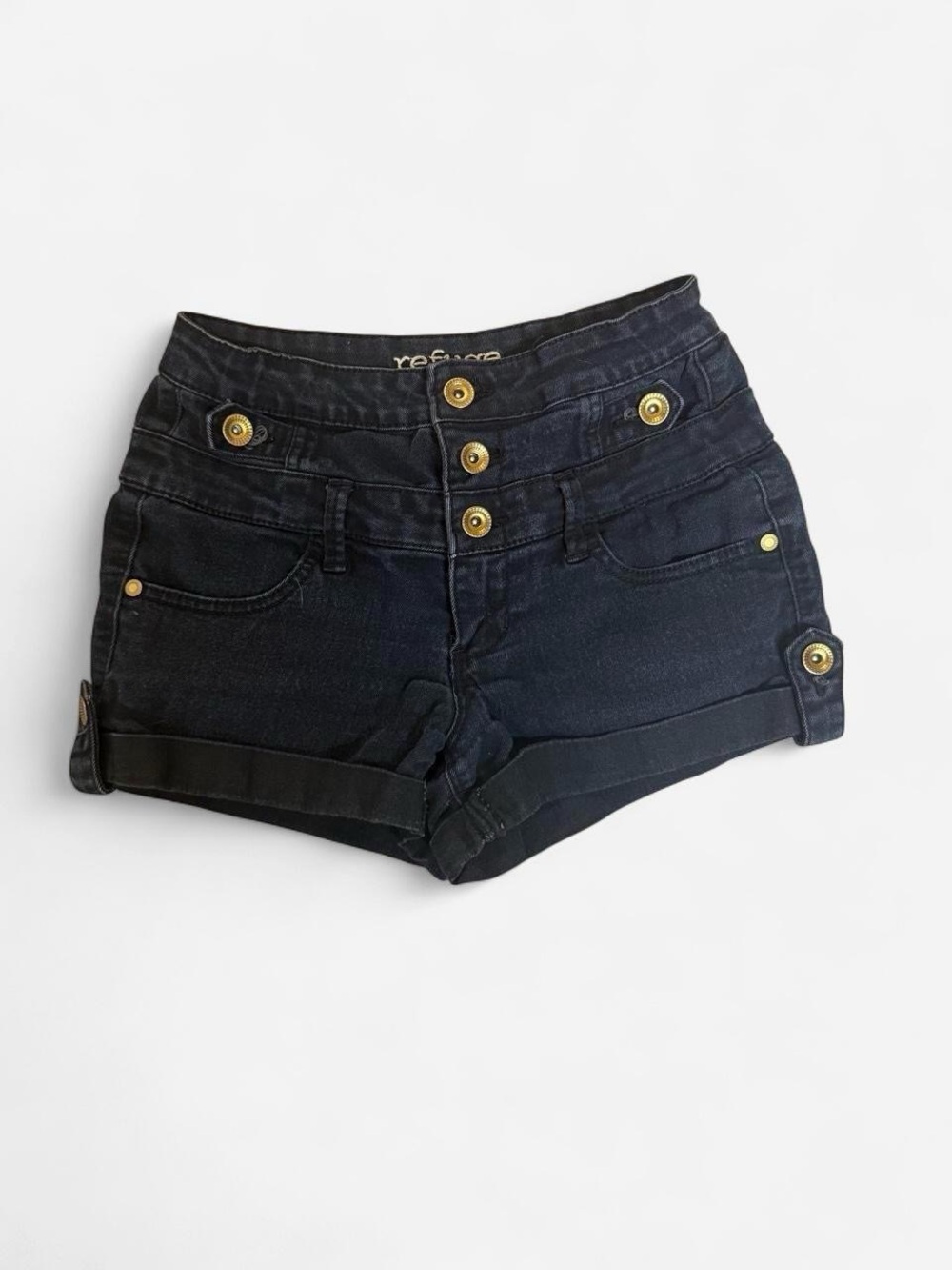 refuge Navy High-Rise Button-Front Denim Shorts